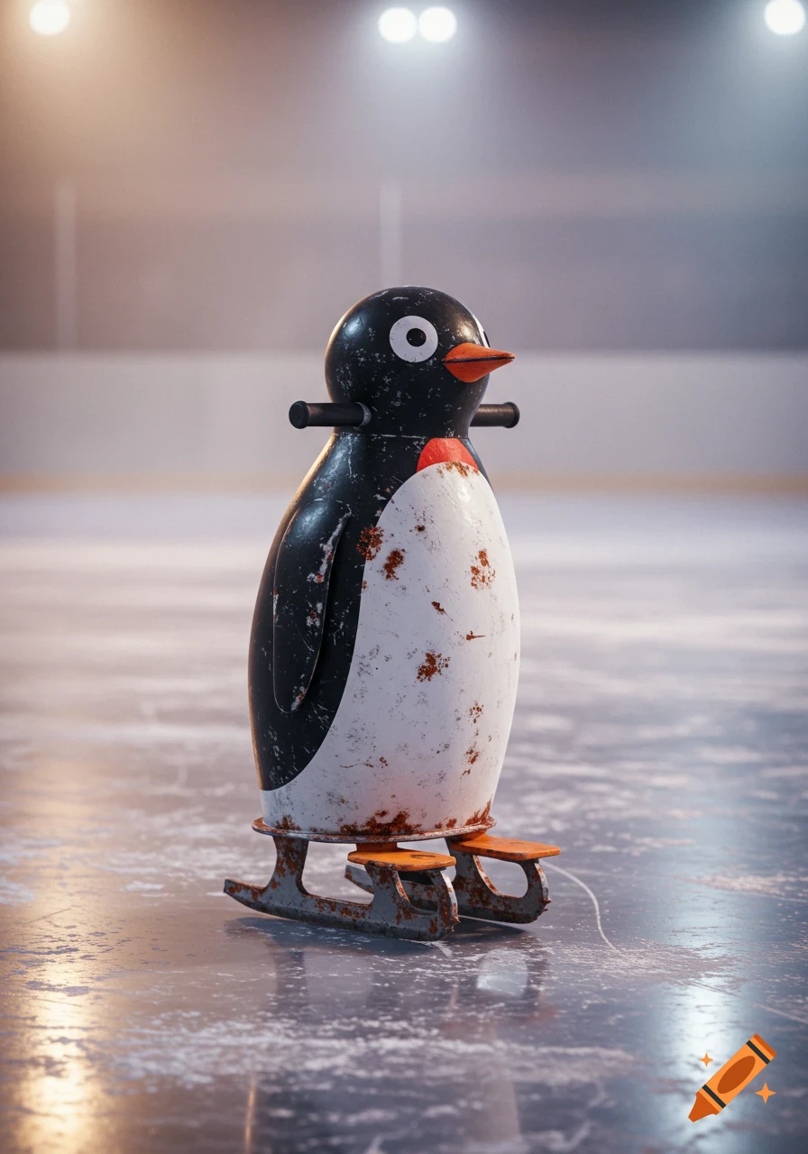 A weathered and rusted penguin-shaped ice skating aid stands on a glossy ice rink under bright lights.