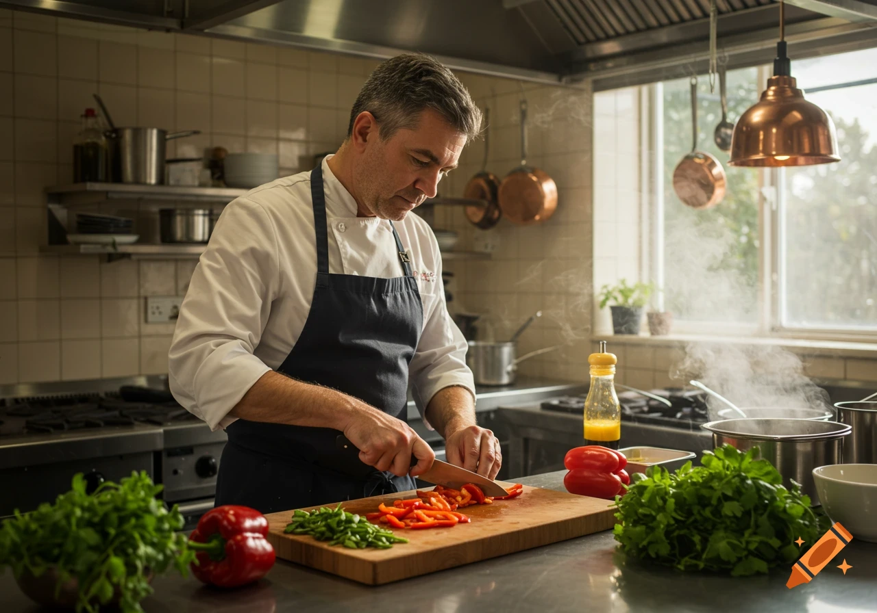 A chef in a professional kitchen chops red and green bell peppers on a cutting board, with steam rising from pots.