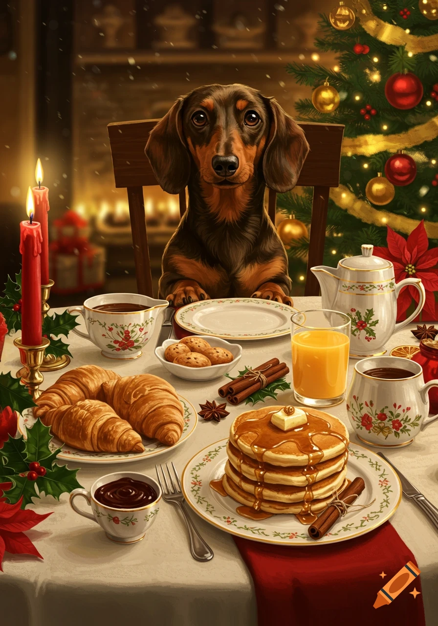 A cute dachshund sits at a Christmas-decorated table laden with breakfast foods like pancakes, croissants, and coffee.