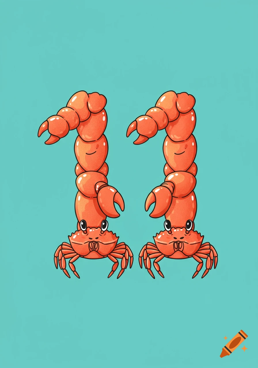 Two cartoon orange crabs, with their bodies shaped like the number 11, against a turquoise background.