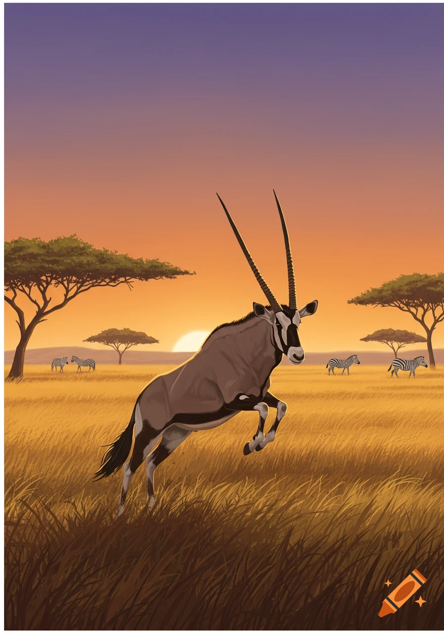 An illustrated oryx jumps in a golden savanna at sunset with zebras and acacia trees in the background.