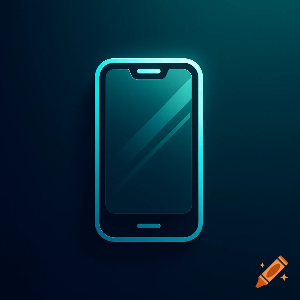 A stylized glowing teal blue mobile phone icon on a dark background.