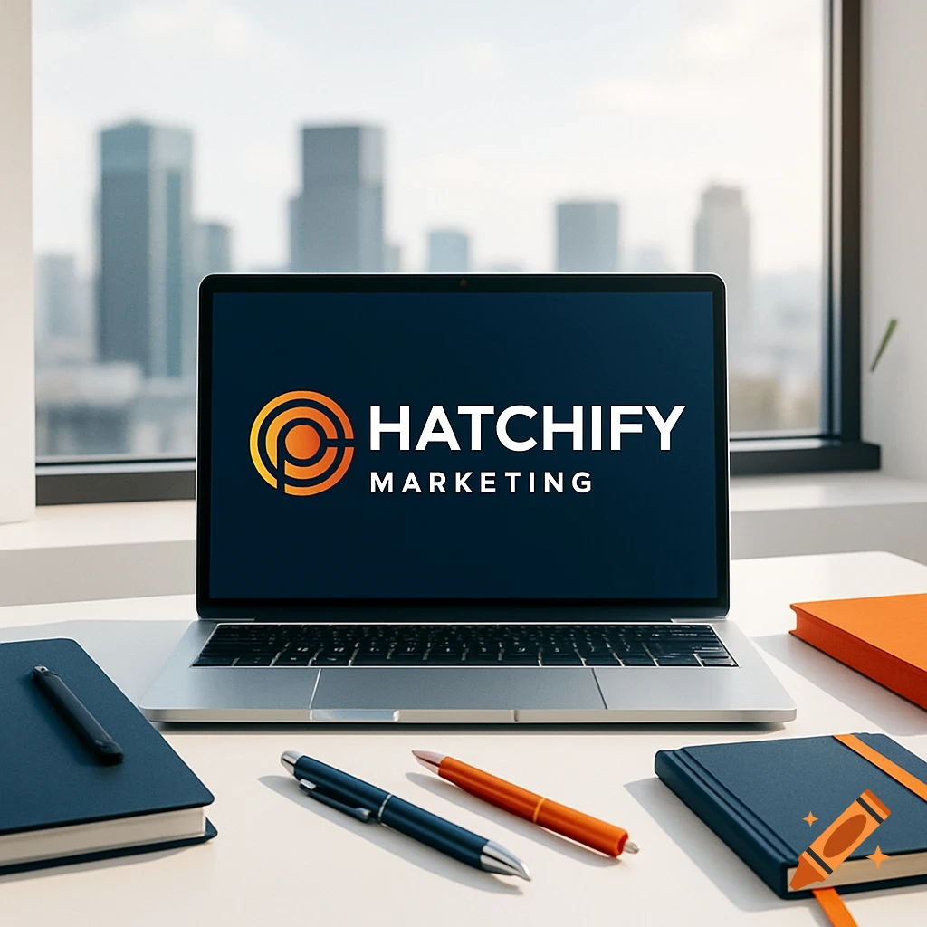 A laptop displaying 'HATCHIFY MARKETING' on a desk with office supplies and a city skyline through a window.
