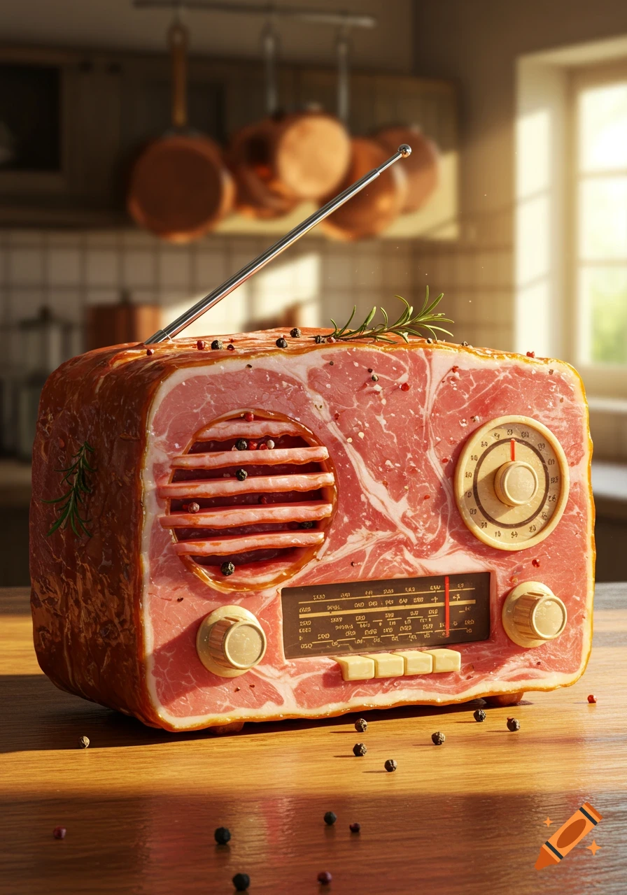 A surreal, photorealistic image of a vintage-style radio made from raw ham, seasoned with peppercorns and rosemary, on a kitchen counter.