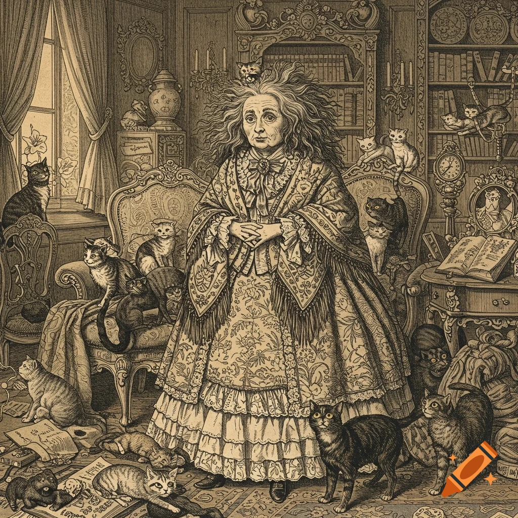 A disheveled old woman stands in a cluttered, opulent room surrounded by numerous cats, rendered in a detailed wood engraving style.