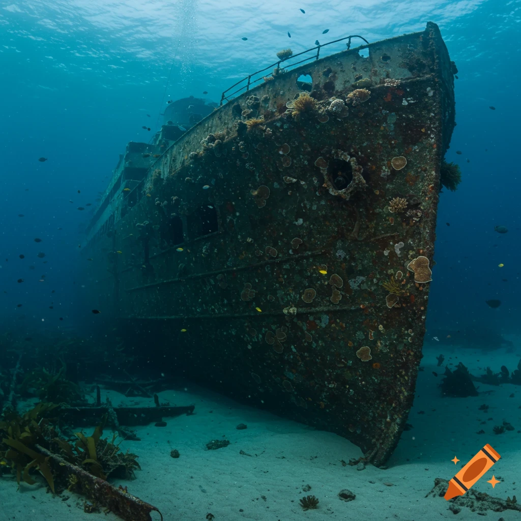 A majestic, heavily encrusted shipwreck rests on the sandy ocean floor, teeming with small fish and marine life.