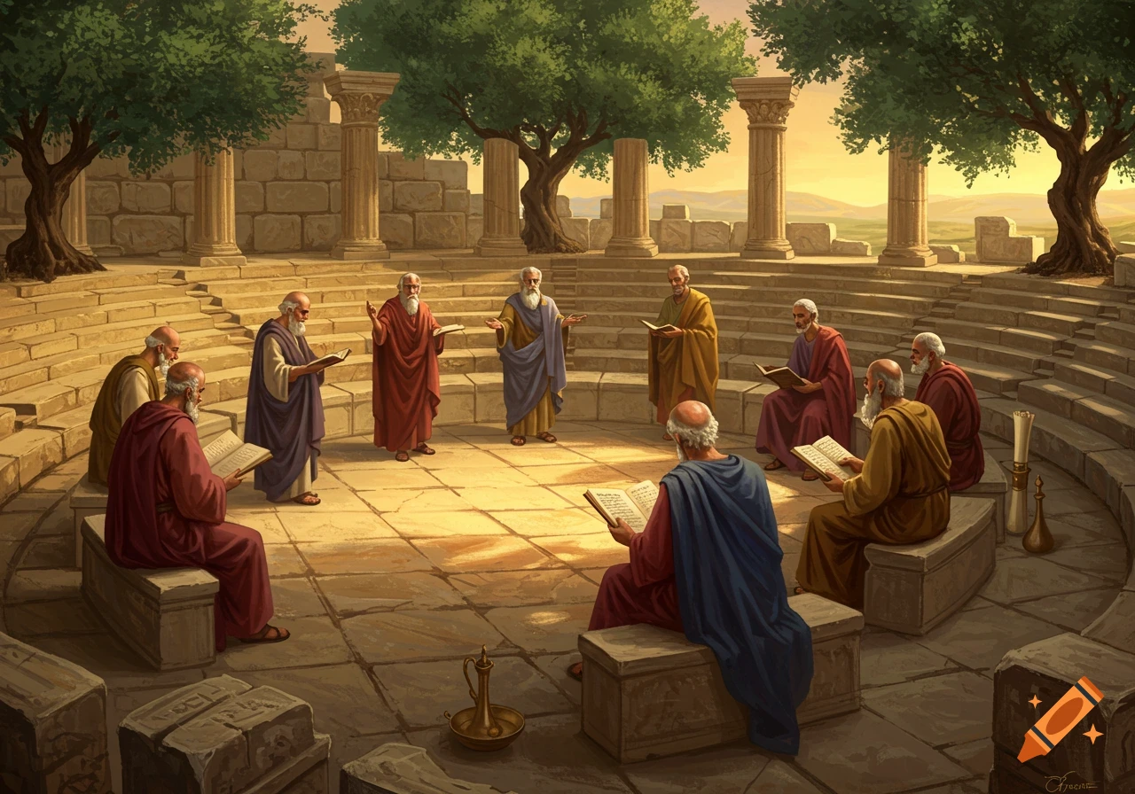 A group of ancient philosophers in robes gathered in a stone amphitheater, some reading books, others discussing.