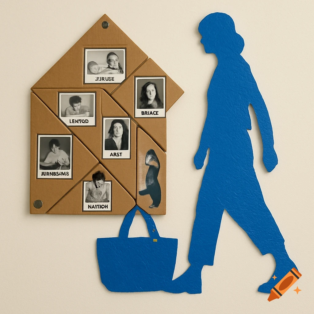 An art installation featuring a brown tangram house with six black and white photos, next to a blue textured silhouette of a walking person and a bag.