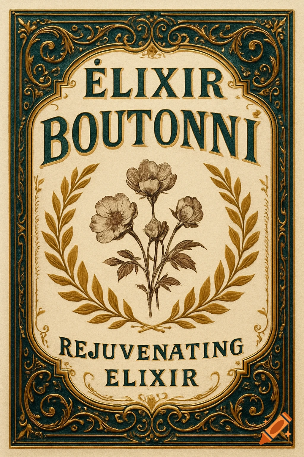 Vintage ornate label for Élixir Boutonni, featuring a botanical illustration of flowers and laurel leaves on a cream background with a teal and gold border.