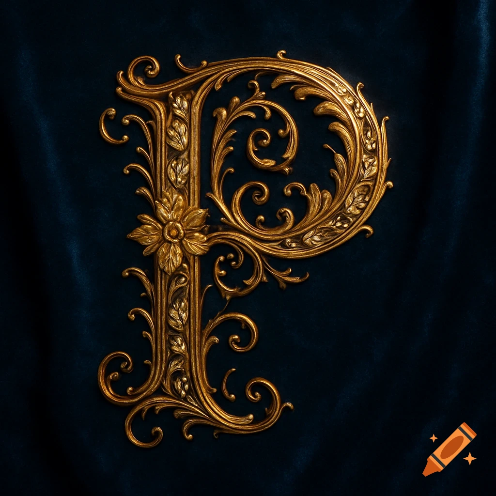 An ornate golden letter P with intricate floral and scrollwork designs, set against a dark teal velvet background.