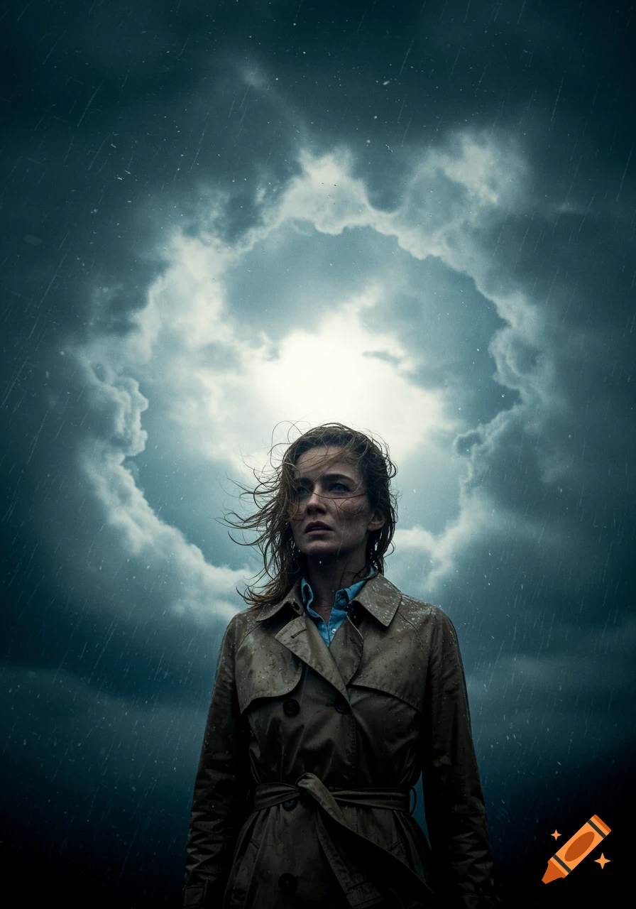 Photorealistic portrait of a woman in a trench coat, looking distraught ...