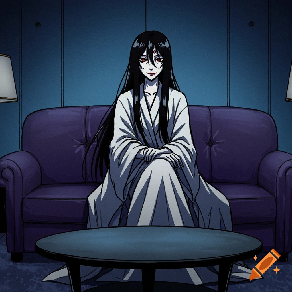 An anime sketch of a pale, red-eyed ghost woman with long black hair, wearing a white cloak, sitting on a purple sofa in a dark room.