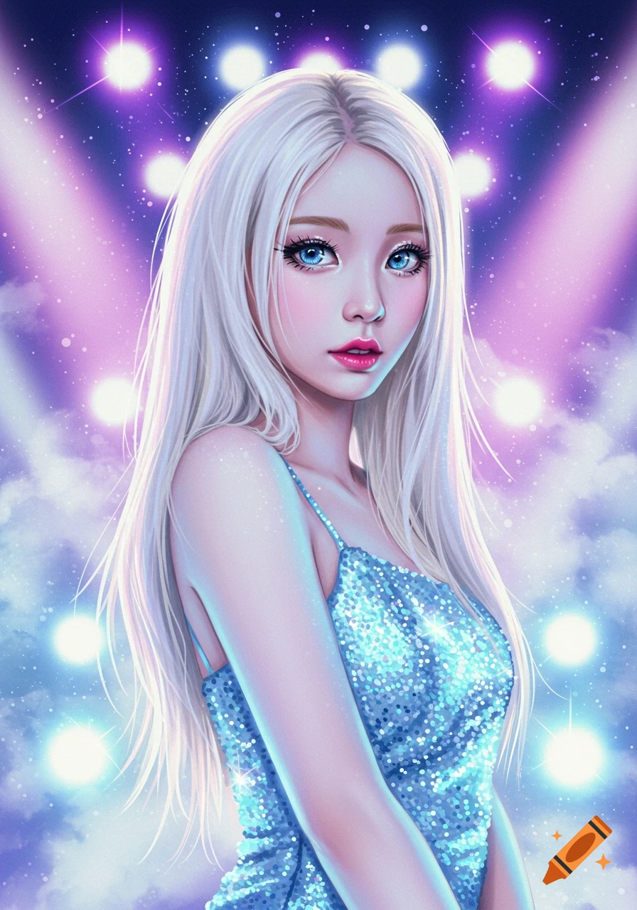 Stylized portrait of a woman with long platinum blonde hair, blue eyes, and a sparkling blue dress, surrounded by purple and blue spotlights.