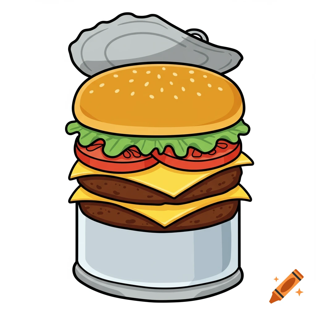 Cartoon vector illustration of a double cheeseburger with lettuce and tomato served in an open metal can.