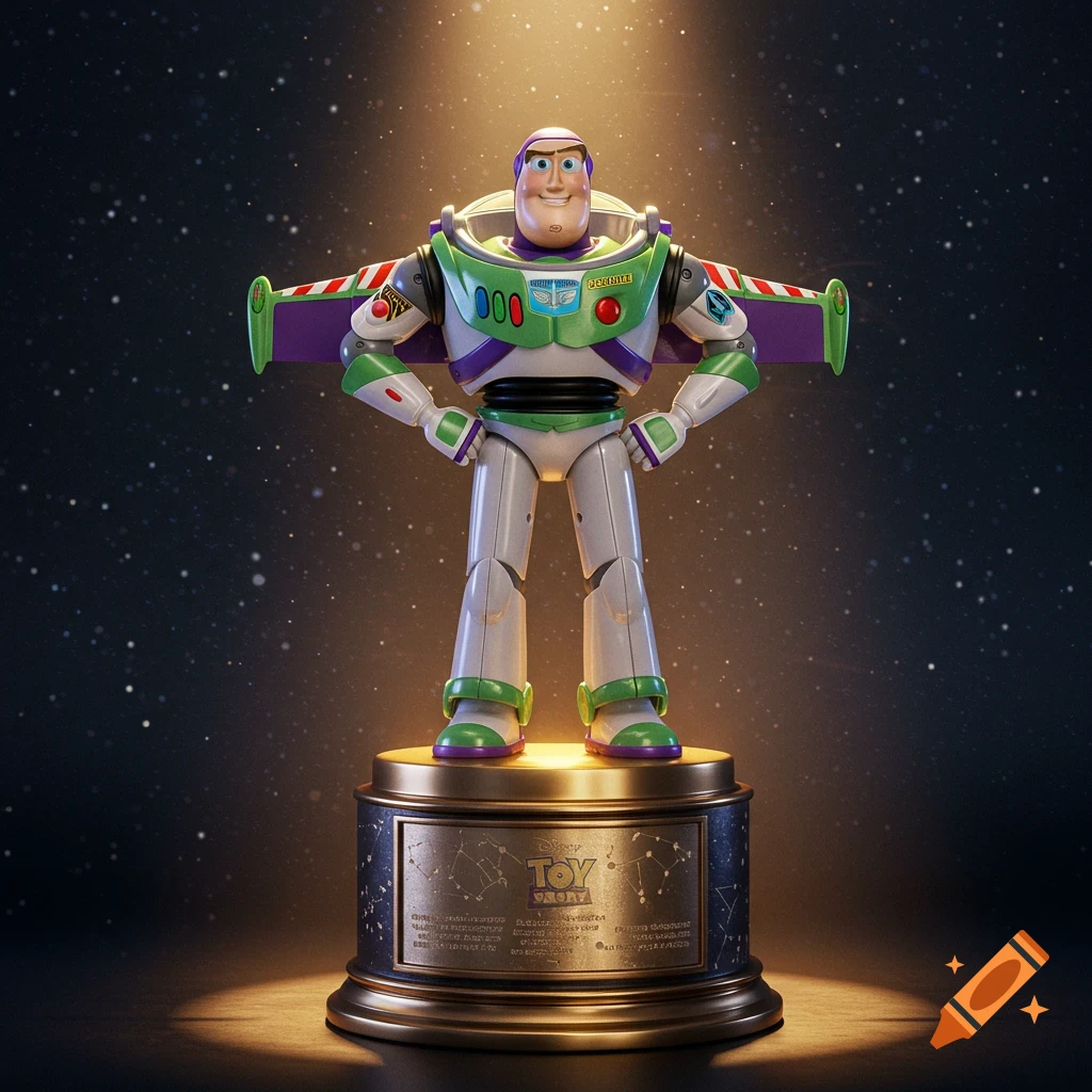 A photorealistic Buzz Lightyear trophy stands on a gold base, illuminated by a spotlight against a dark, starry background.