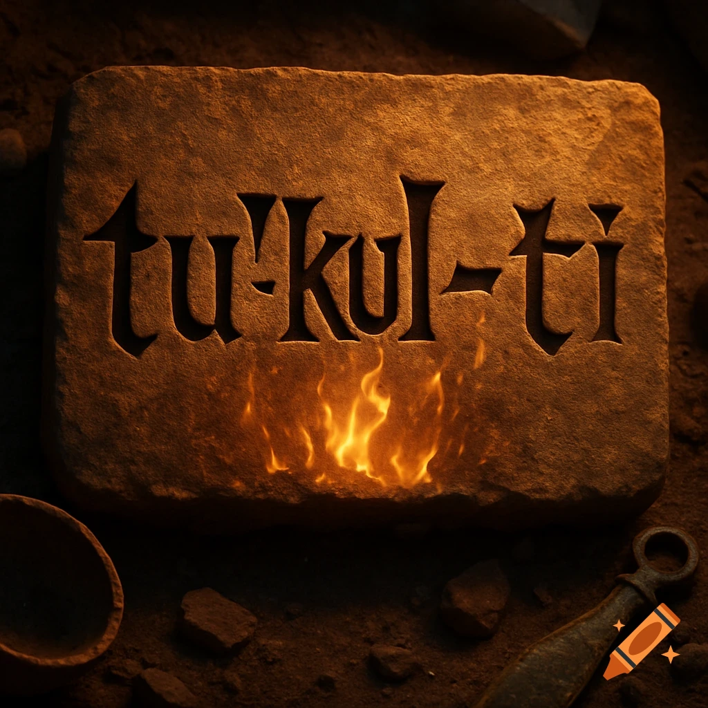 A stone tablet with the word 'tu'kul-ti' carved into it, glowing with fire from behind, set in a dark, earthy, ancient environment.
