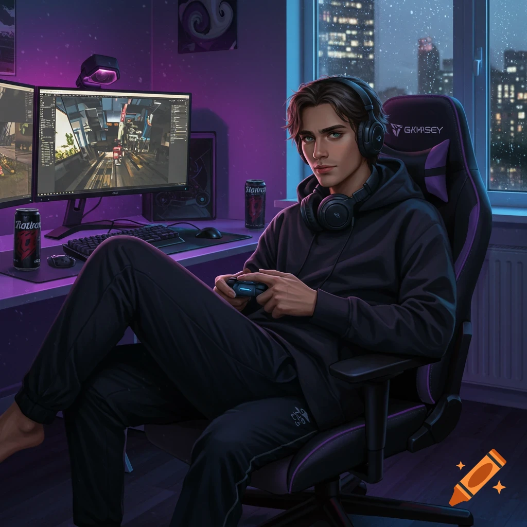 A young man with dark hair and green eyes, wearing headphones and a dark hoodie, sits in a gaming chair playing a video game in a neon-lit room overlooking a rainy city.