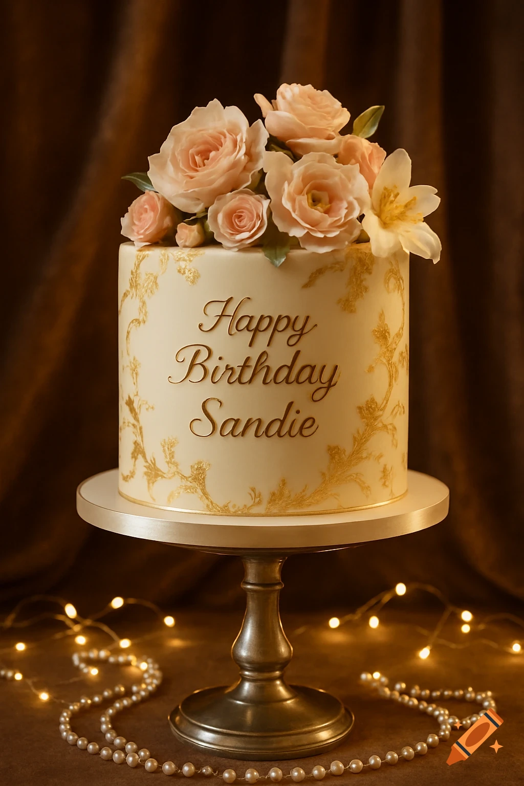 An elegant birthday cake decorated with peach roses and gold leaf accents, spelling "Happy Birthday Sandie", on a stand with fairy lights and pearls.