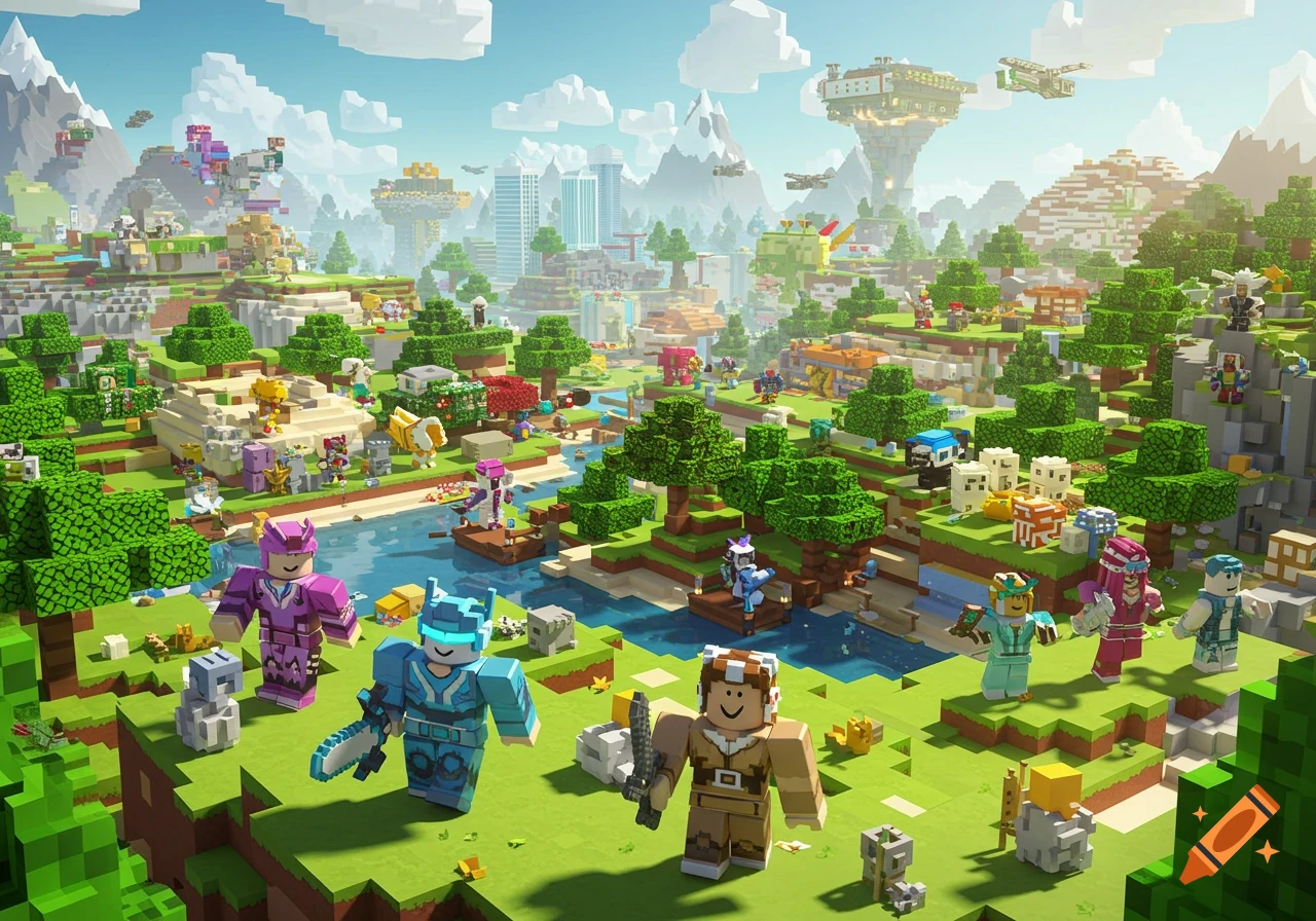 A vibrant, blocky video game landscape with many block-style characters, a river, trees, mountains, and futuristic buildings.