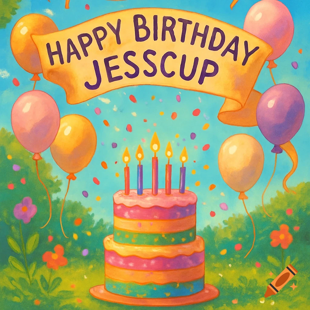 A colorful birthday scene with a two-tier cake, lit candles, balloons, confetti, and a banner reading 'Happy Birthday Jesscup'.