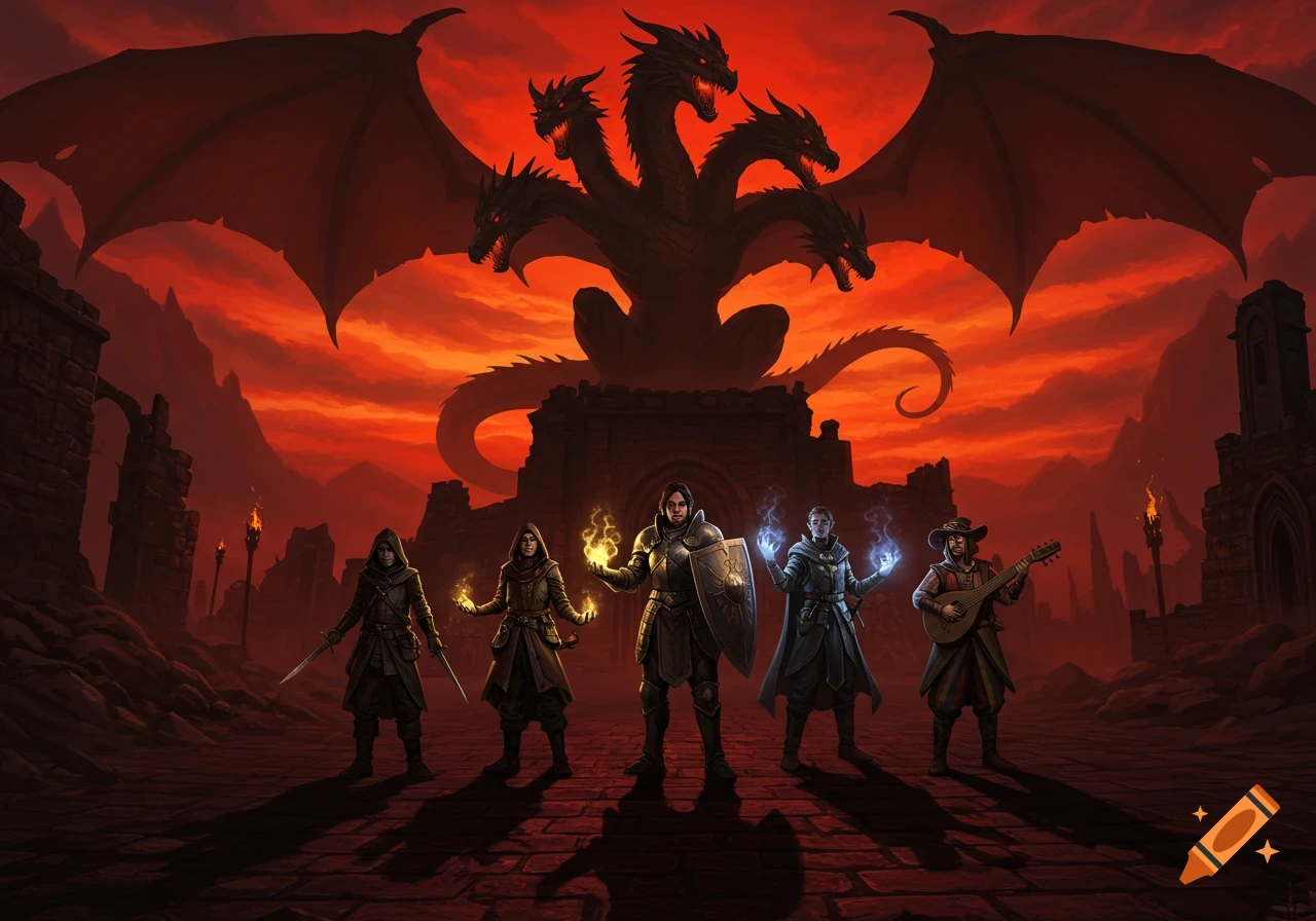 Five adventurers stand before a massive, multi-headed dragon against a fiery red sky, amidst ruins in dark fantasy art.