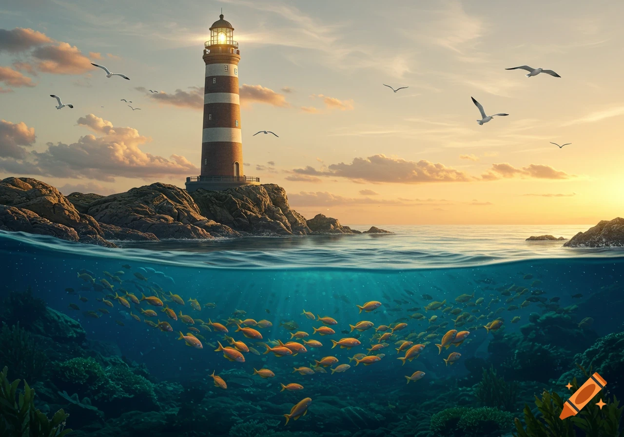 Photorealistic split view of a lighthouse on a rocky coast at sunset, with a school of orange fish swimming underwater.