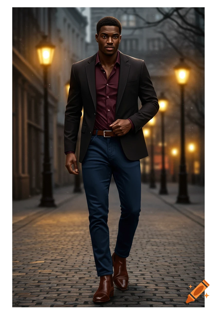 A Black man in a black blazer, burgundy shirt, blue jeans, and brown boots walks on a cobblestone street at night, lit by glowing lampposts.