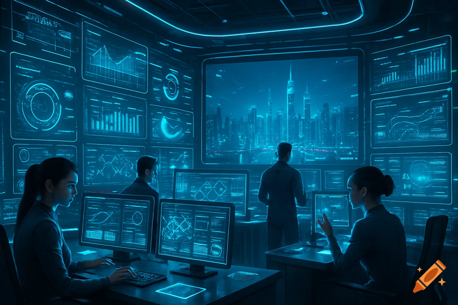 People in a dark, futuristic control room monitoring glowing blue data screens, with a cityscape displayed on a large central screen.
