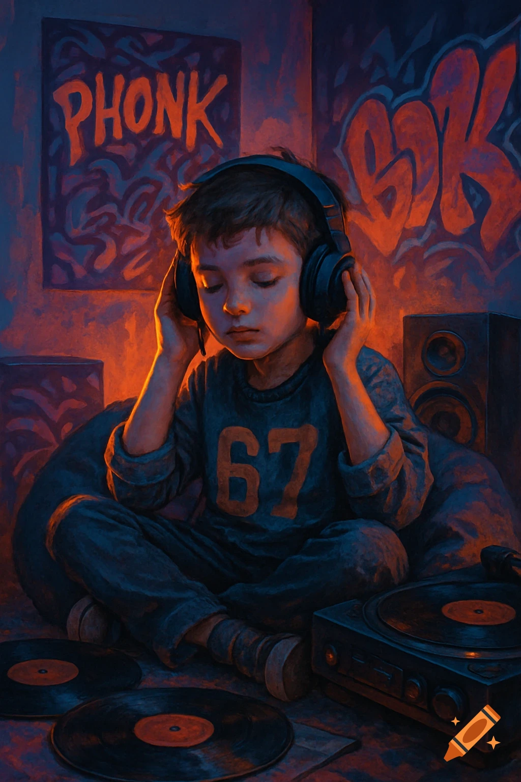 A boy with headphones and a '67' shirt sits among vinyl records and a turntable, with 'PHONK' graffiti on the wall, in a moody painterly style.