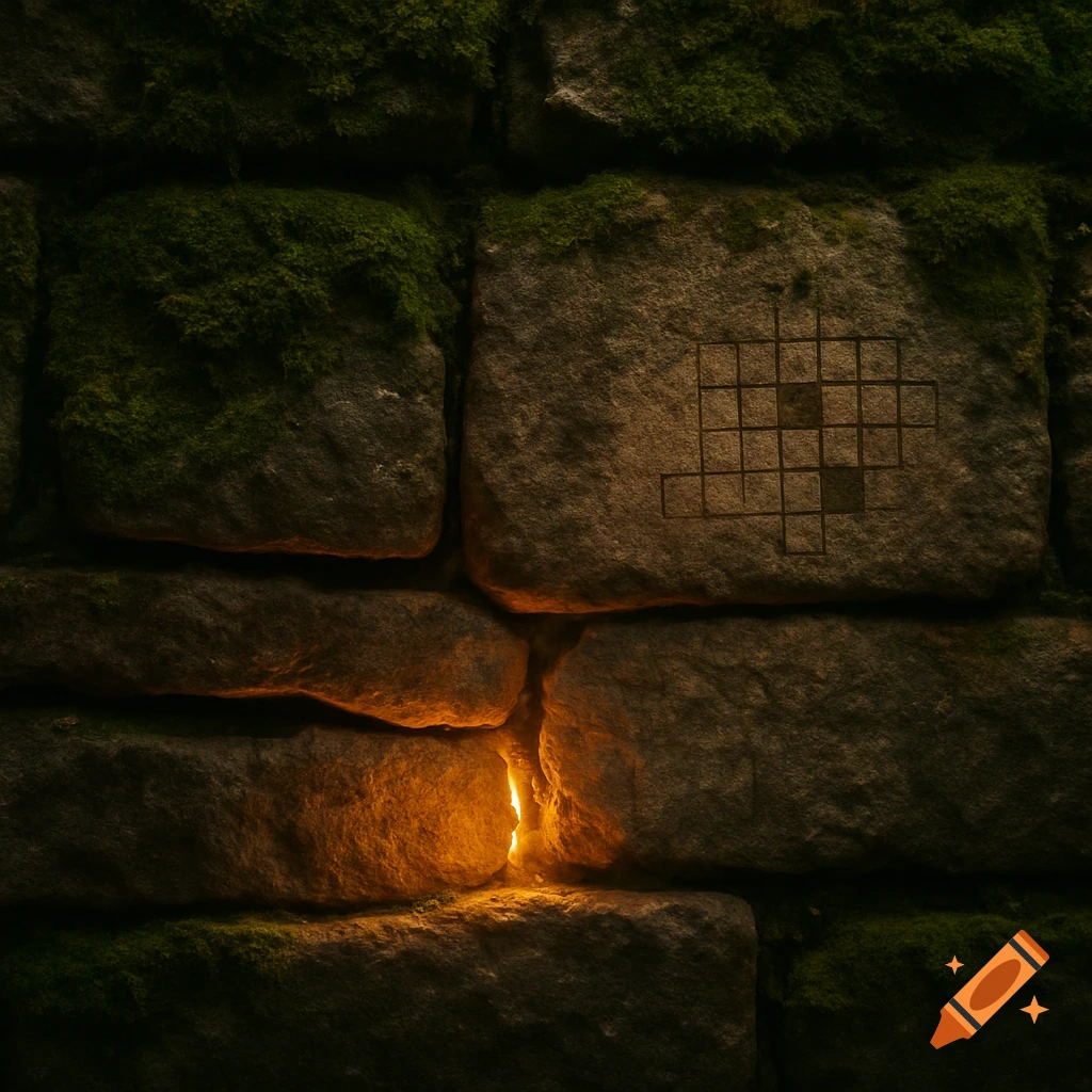 A close-up of a dark, moss-covered stone wall with warm light shining through a crack and a crossword grid etched into one stone.