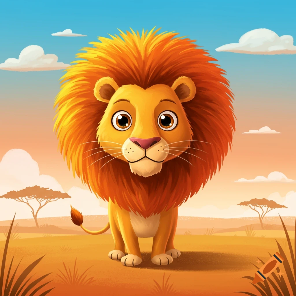 A cute cartoon lion with a fluffy orange mane stands in a sunny savanna landscape.