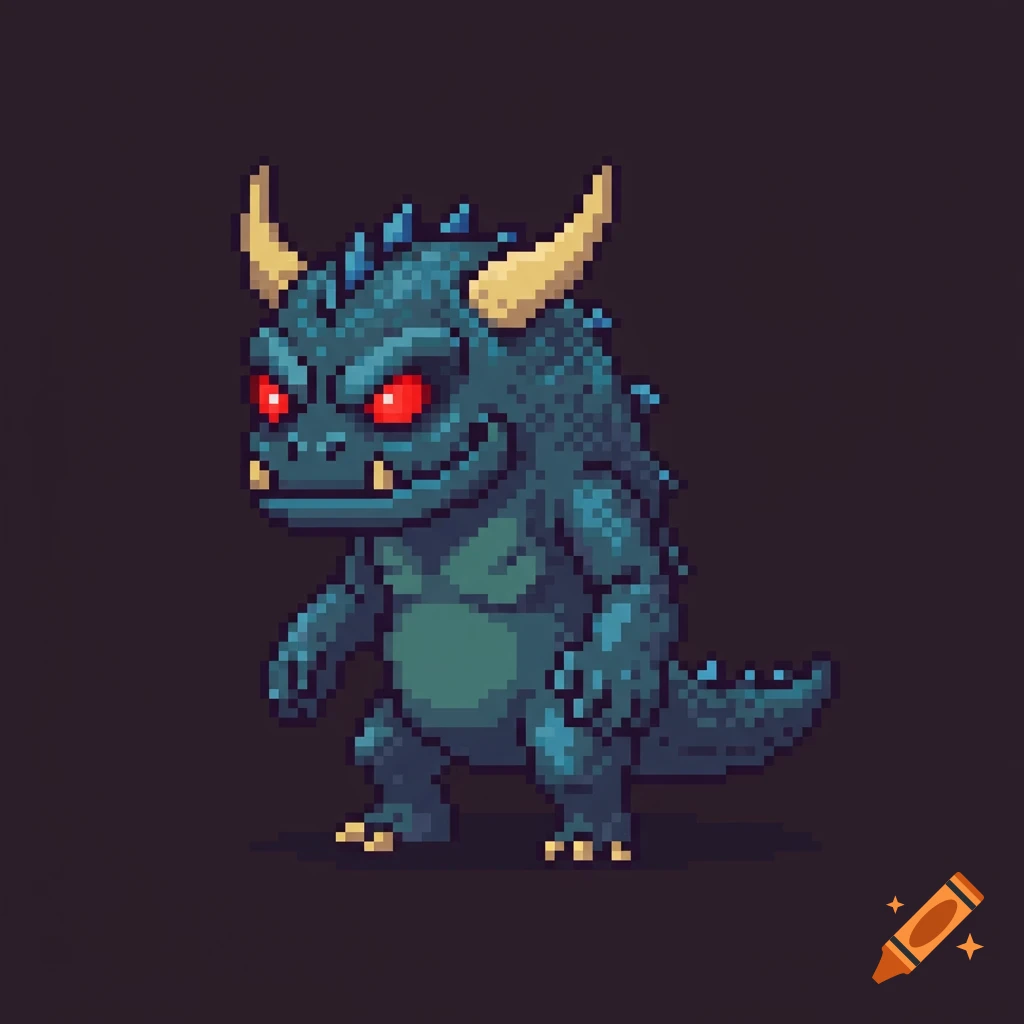 A pixel art sprite of a dark blue monster with yellow horns and red ...