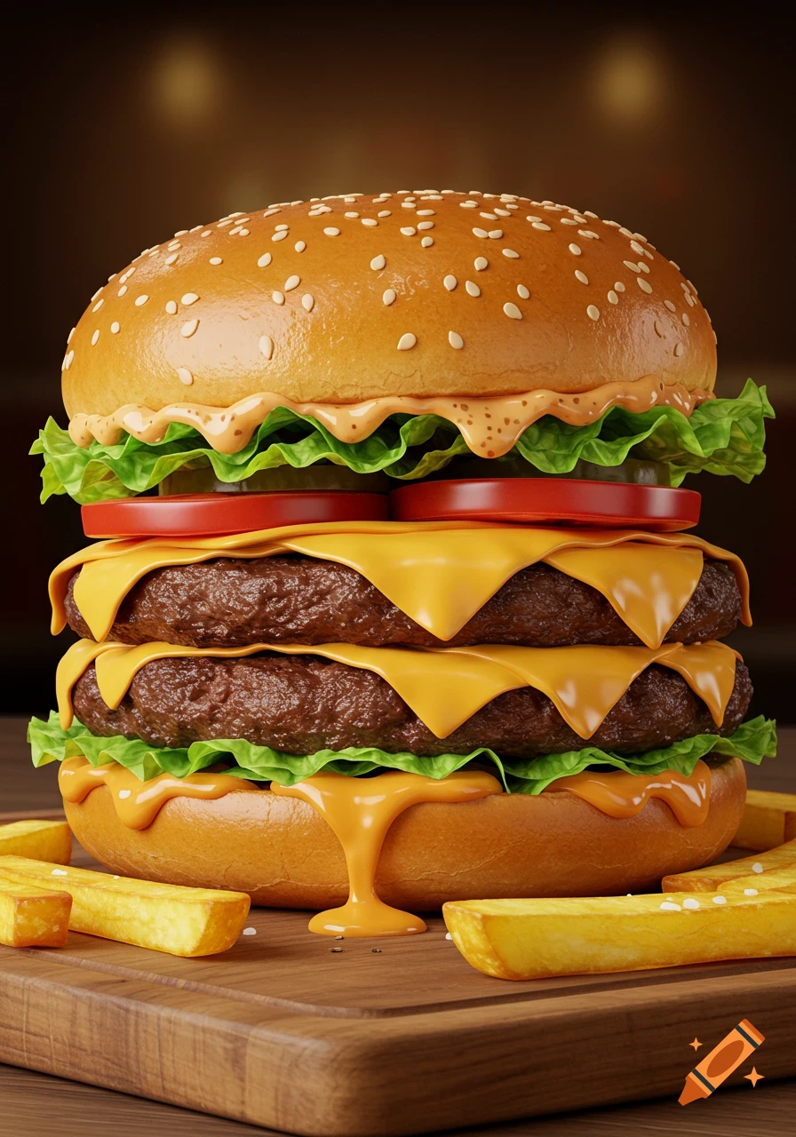 A photorealistic double cheeseburger with melted cheese, lettuce, tomato, and sauce, served with golden french fries on a wooden cutting board.