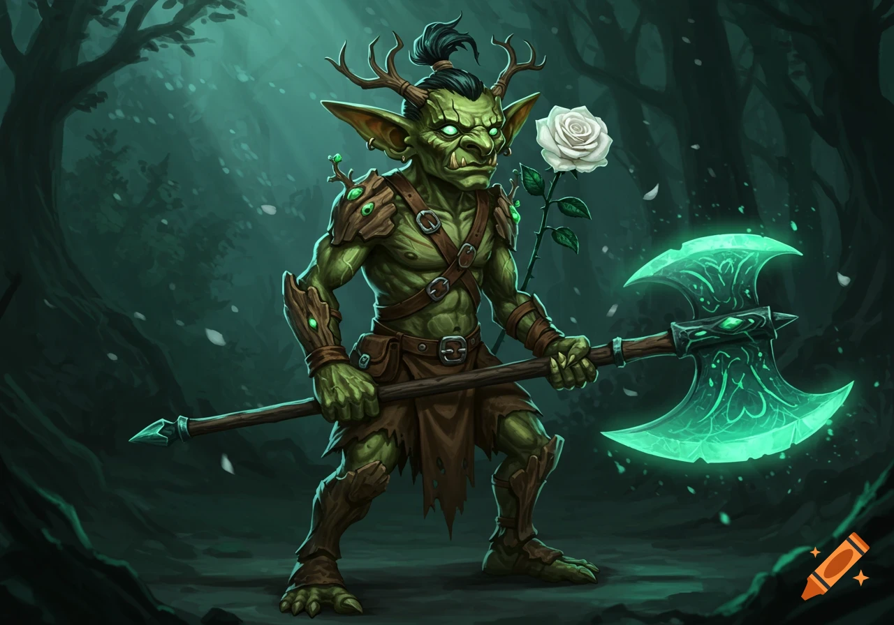 A green D&D style goblin with glowing eyes, tree bark armor, and antlers holds a glowing magic axe in a dark forest, with a white rose.