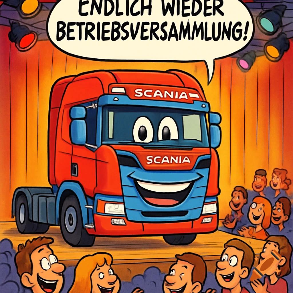 A cartoon Scania truck on a stage, smiling with a speech bubble 'Finally, a company meeting again!' to an applauding audience.
