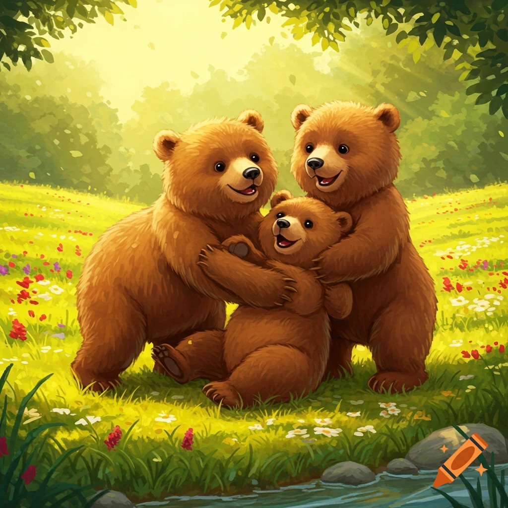 Three cute cartoon bears hugging and playing in a sunny green meadow ...
