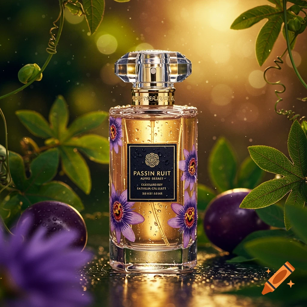 A photorealistic gold perfume bottle adorned with purple passion fruit flowers, surrounded by wet green leaves and passion fruit, under warm golden light.