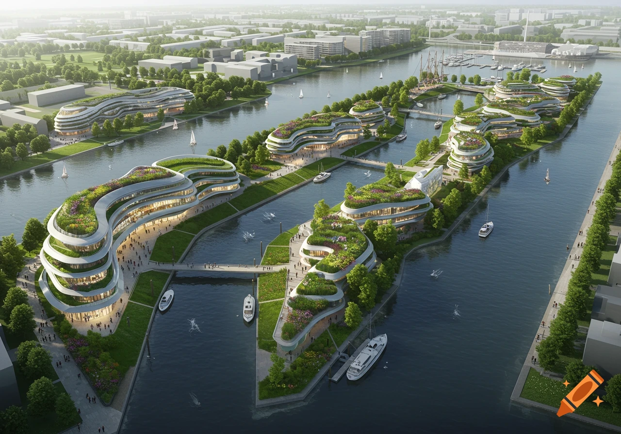 Aerial view of a modern urban waterfront with organic architecture buildings featuring green roofs, canals, and boats.