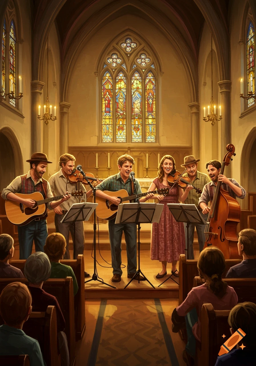 Six joyful musicians play guitars, fiddles, and a double bass for an audience in a warm, gothic church.