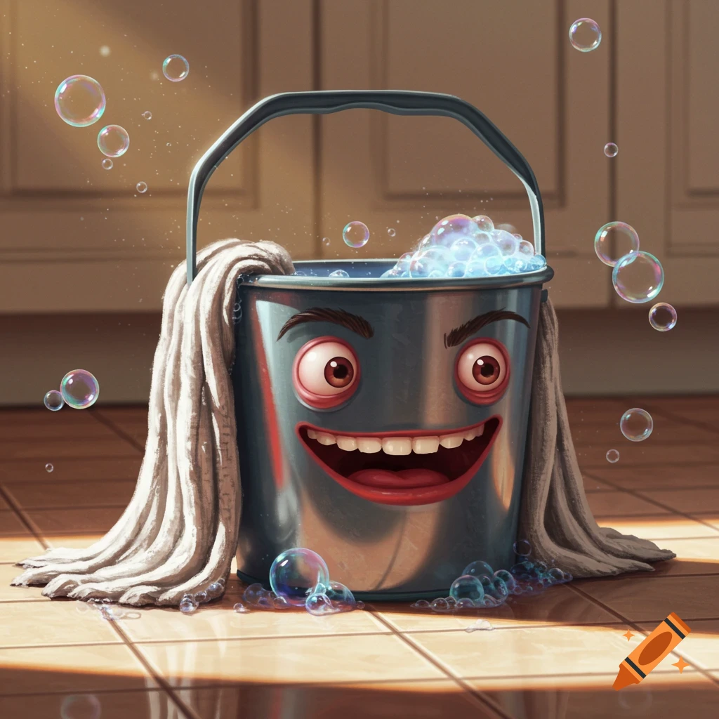 A happy, anthropomorphic mop bucket with suds and bubbles sits on a tiled floor with a mop draped over its sides.
