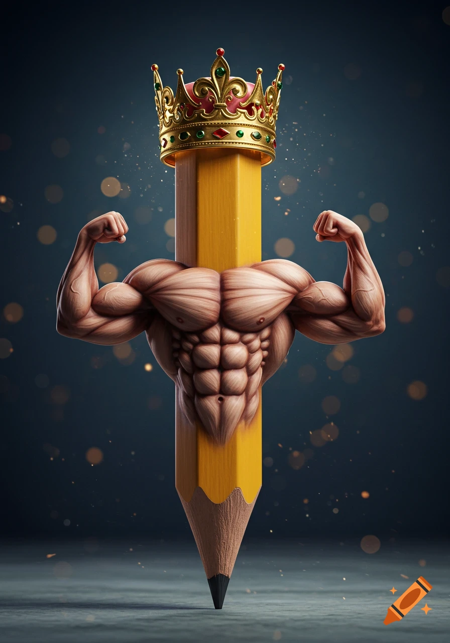 A yellow pencil wearing a gold crown, with muscular human arms and a torso, standing upright on a dark background.