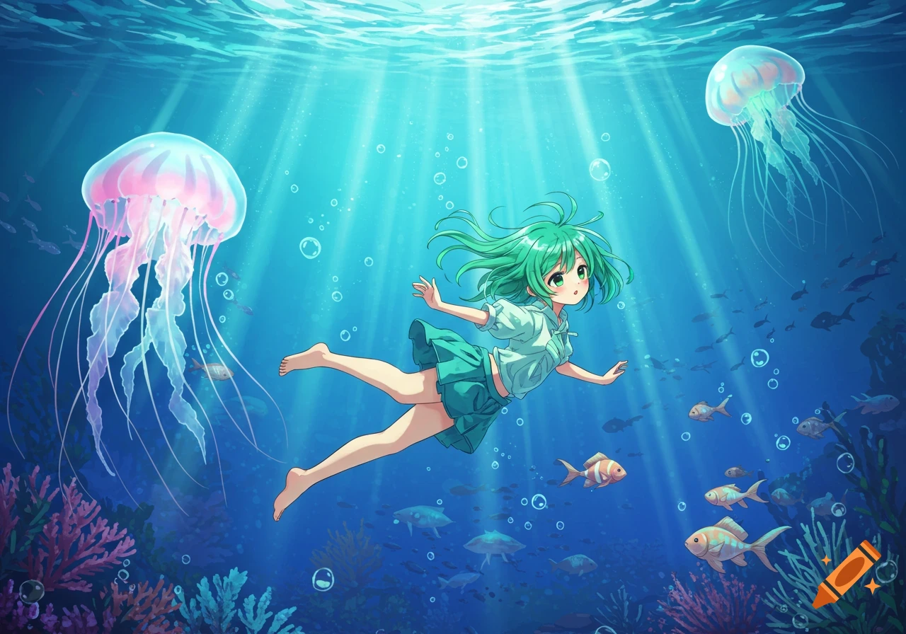 An anime girl with green hair swims gracefully underwater with pink jellyfish, fish, and coral, illuminated by sun rays.