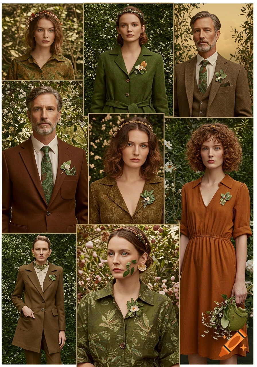 A mood board collage featuring men and women modeling nature-inspired work dinner outfits in a botanical setting.