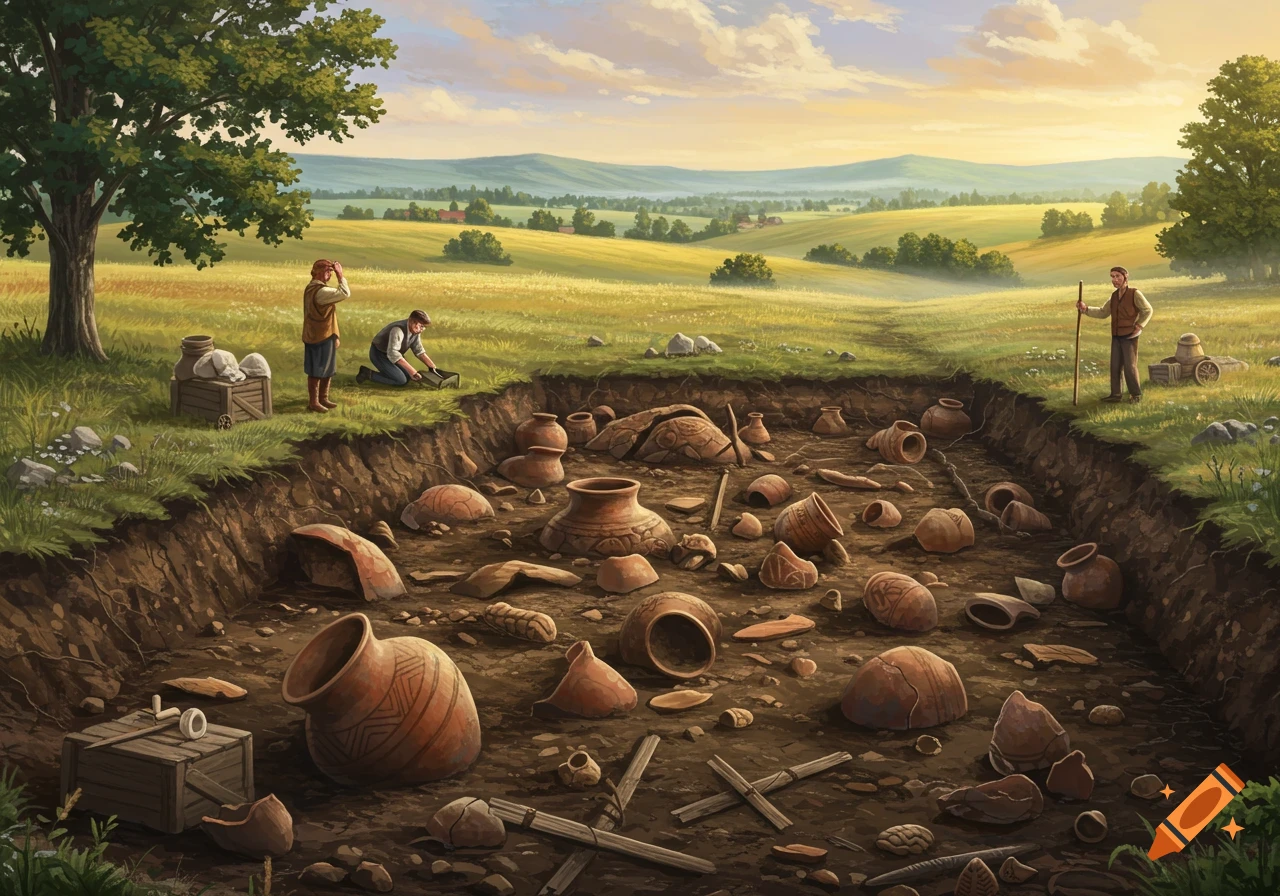 An illustration of an archaeological dig site with three men unearthing ancient pottery in a grassy field with rolling hills.