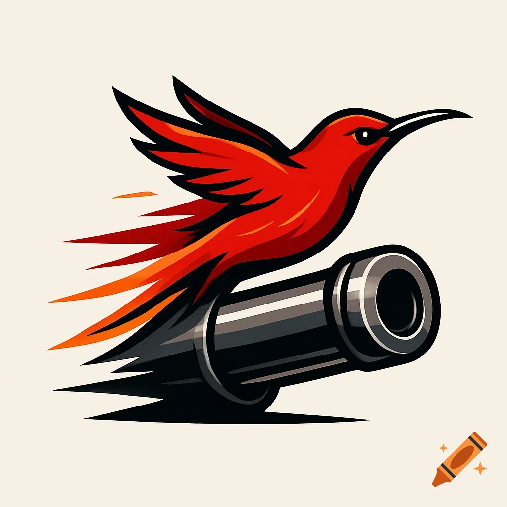 A stylized red bird with fiery wings flying out of a black cannon barrel, designed as a dynamic logo.