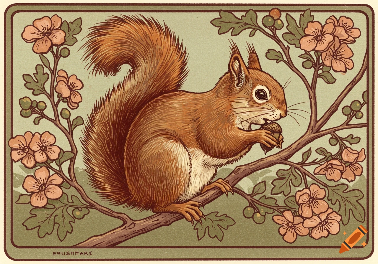 Art Nouveau illustration of a brown squirrel with a bushy tail sitting on a branch, eating an acorn amidst pink flowers and green leaves.