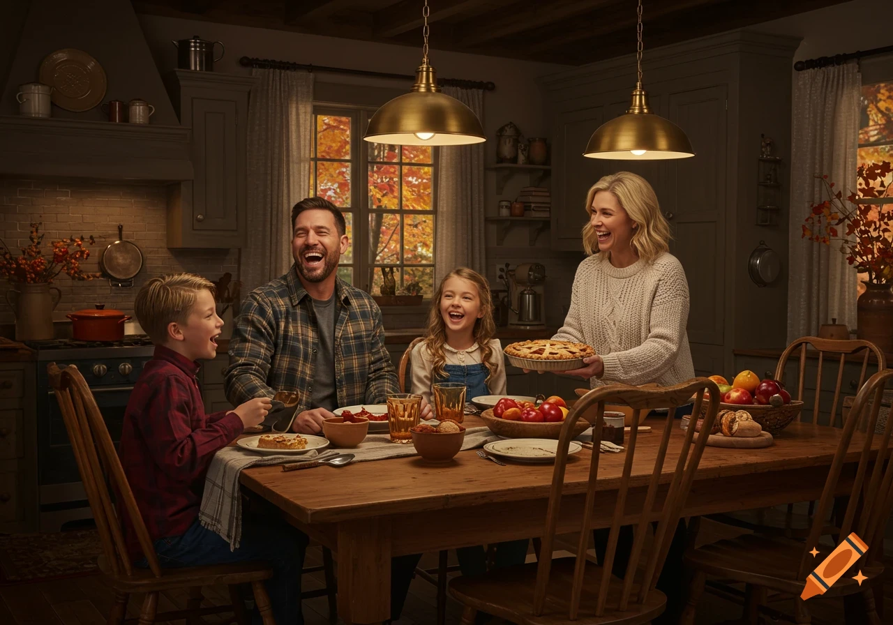 A happy photorealistic family, including parents and two children, laugh at a cozy dining table with a pie and fall decor.