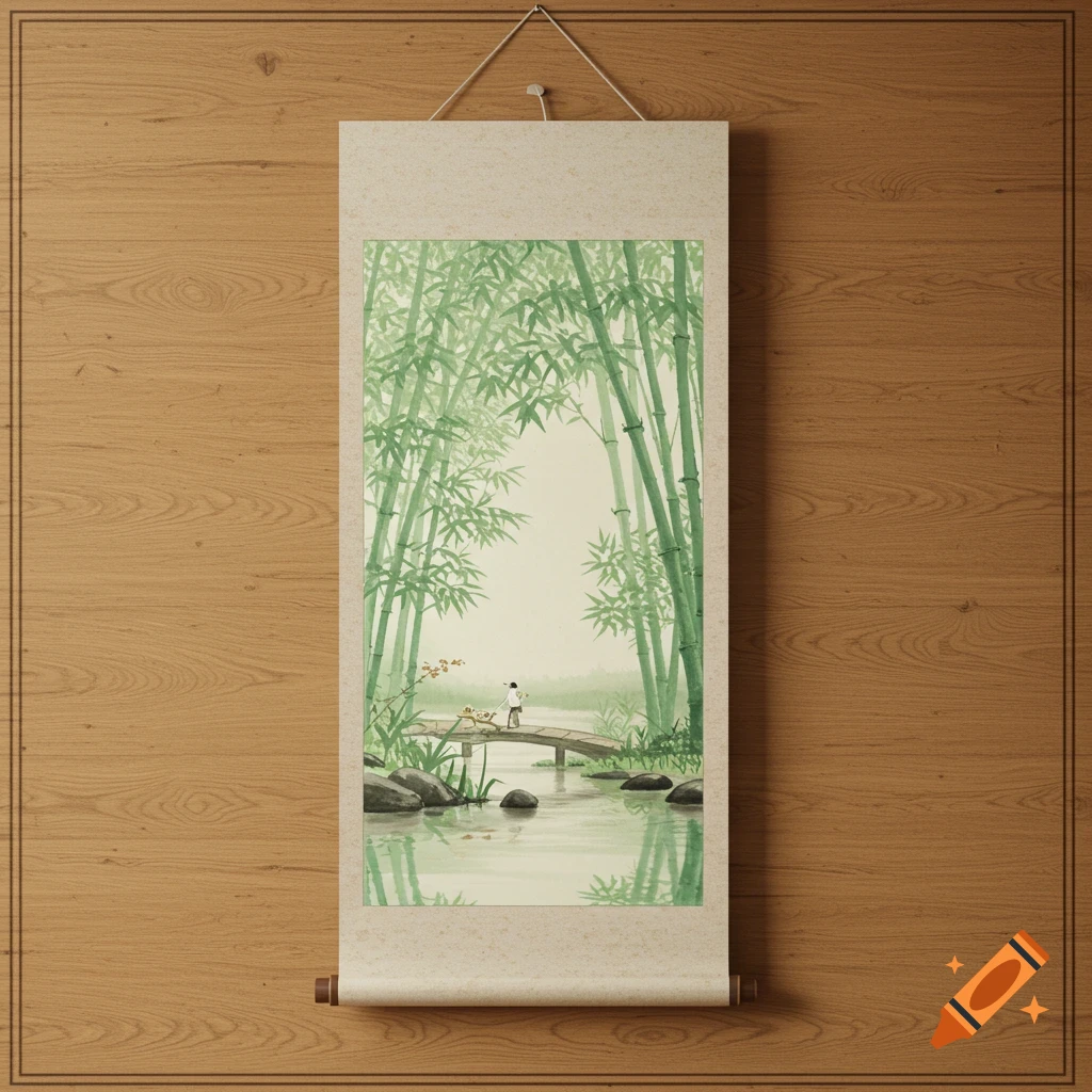 A traditional watercolor hanging scroll depicts a figure on a bridge over a stream in a bamboo forest, on a wooden wall.