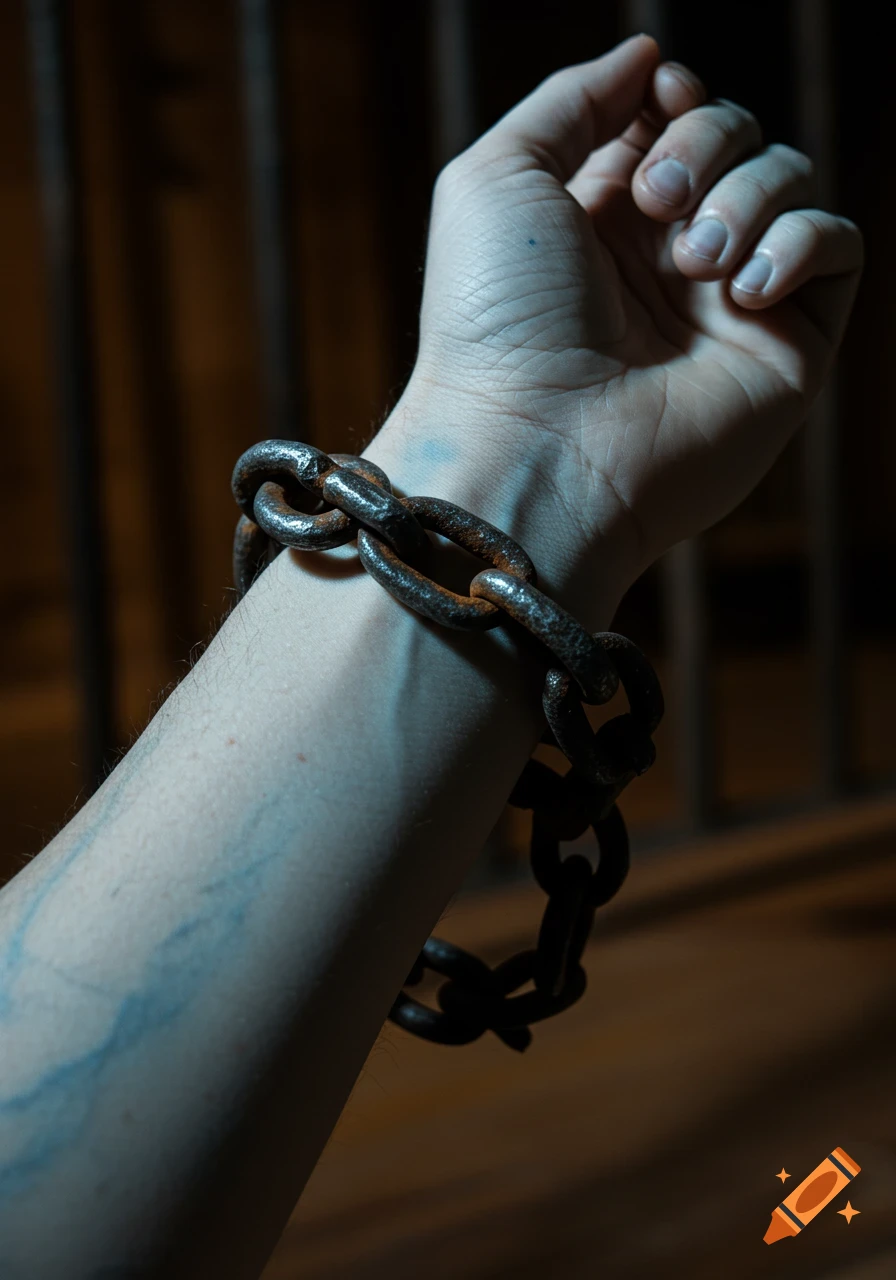 Close-up of a human wrist with a rusty metal shackle around it in a dimly lit setting, photorealistic.