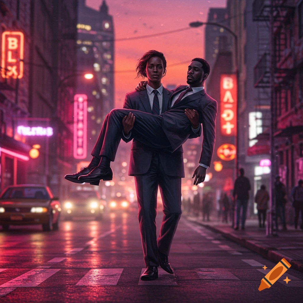 A woman in a suit carries a man across a neon-lit city street at dusk, photorealistic.
